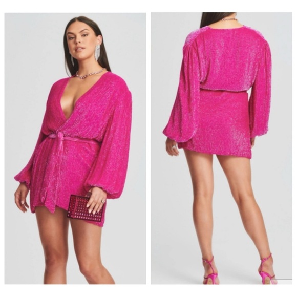 NWT Retrofete Gabrielle Sequin Wrap Robe Mini Dress in Hot Pink size S V Neck - Picture 1 of 16